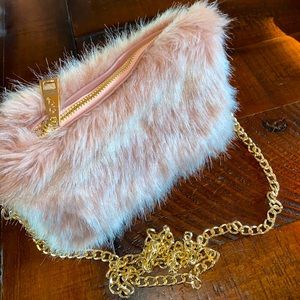 Pink furry purse with gold chain